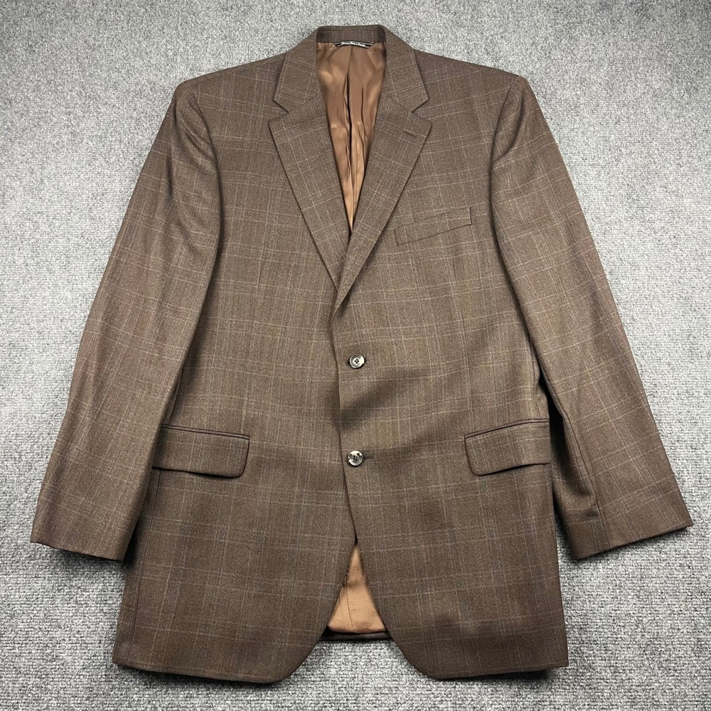 Jack Victor Mens 44L Brown Wool Herringbone Windowpane Blazer Jacket Suit